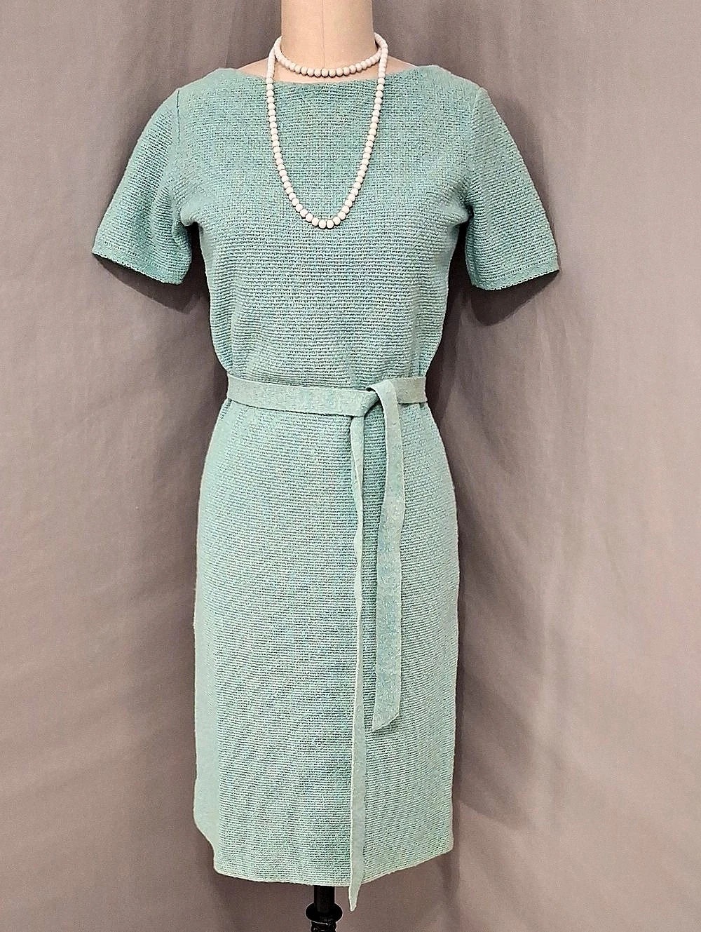 True Vintage Goldworm Knit Midi Dress Pastel Aqua Blue Green 60s Sweater w Belt